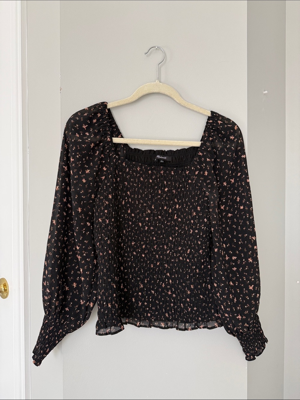 Madewell Black Floral Smocked Square-Neck Long-Sleeve Top - Picture 2 of 5